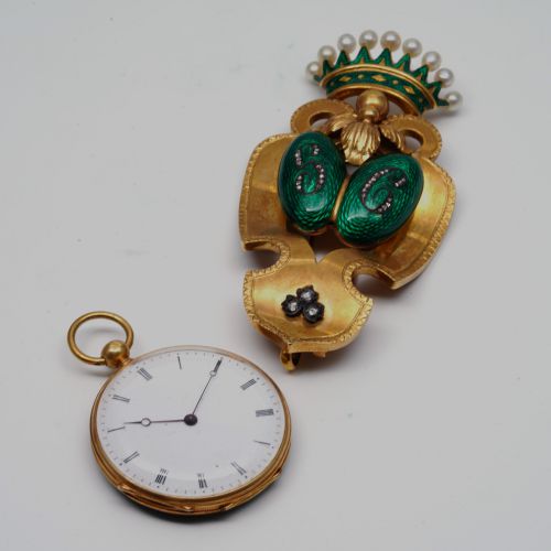 19th Century Gold Enamel Fob Watch Set with Pearl - 副本