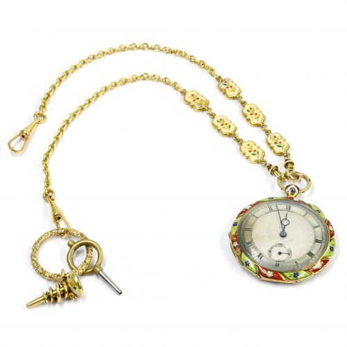 Maniglier Yellow Gold and Enamel Pocket Watch with Chain