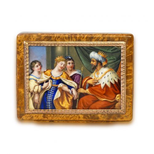 Swiss Maple and Enamel Snuff Box Inlaid with Tortoiseshell