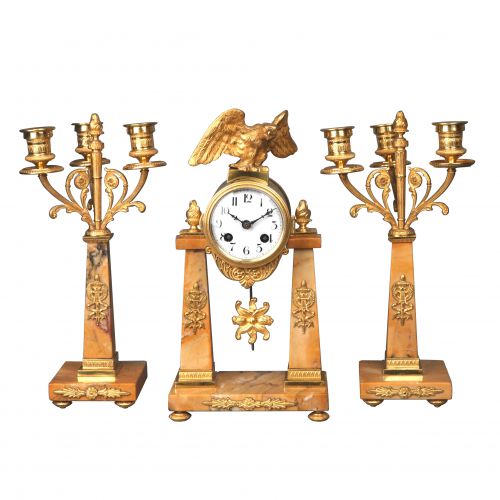 19th Century French Marble Portico Clock Garniture Set