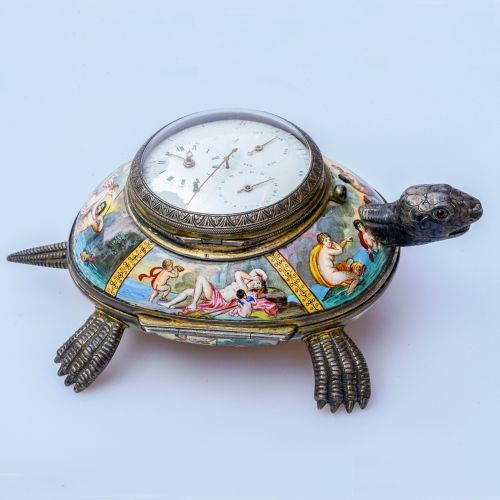 19th Century Enamel Turtle Form Table Clock