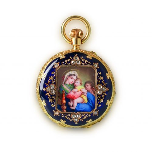 瑞士Henry Capt琺瑯彩繪椅上聖母子懷錶