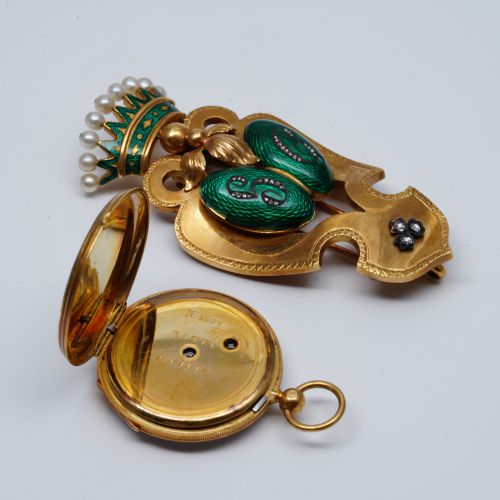 十九世纪黄金绿珐琅嵌珍珠胸针表